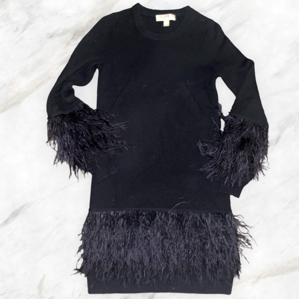 Michael Kors Women's Ostrich Feather Sweater Dress Wool Cashmere Blend Size XXS